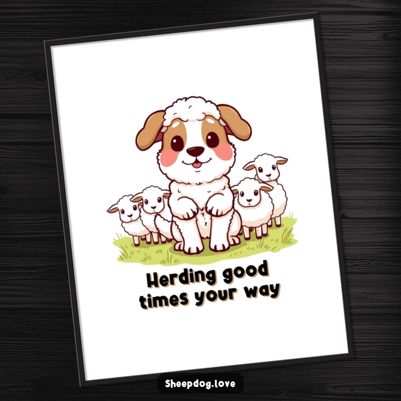 Funny free printable wall art of a sheepdog standing proudly, having just finished herding sheep with exceptional skill.