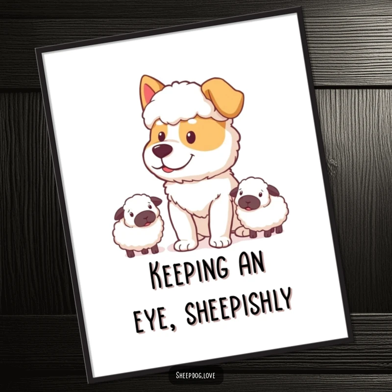 Funny free printable wall art! A sheepdog with a determined, yet happy expression watching a group of sheep.