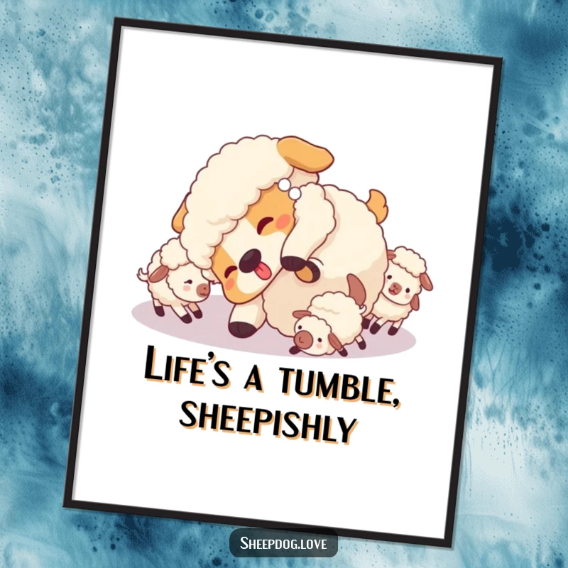 Funny free printable wall art! A sheepdog doing a playful tumble surrounded by a group of little sheep.