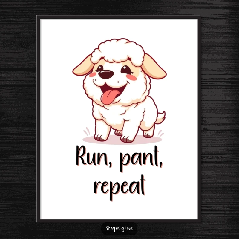 Funny Free Printable sheepdog art showing its tongue and panting happily after a playful run, adding humor.