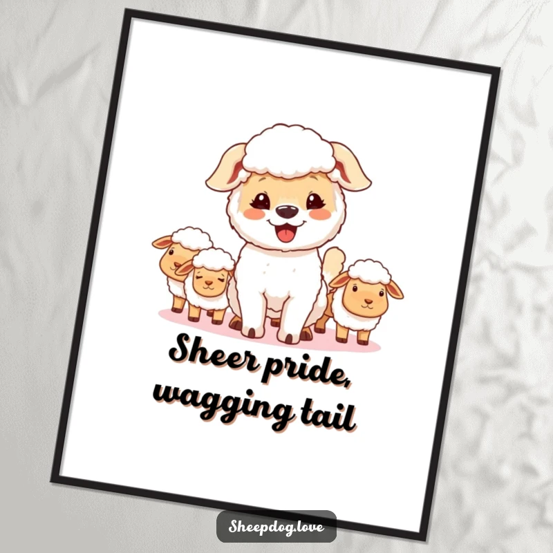 Funny Free Printable Wall Art: Happy sheepdog with a proud expression and wagging tail, overseeing its sheep.