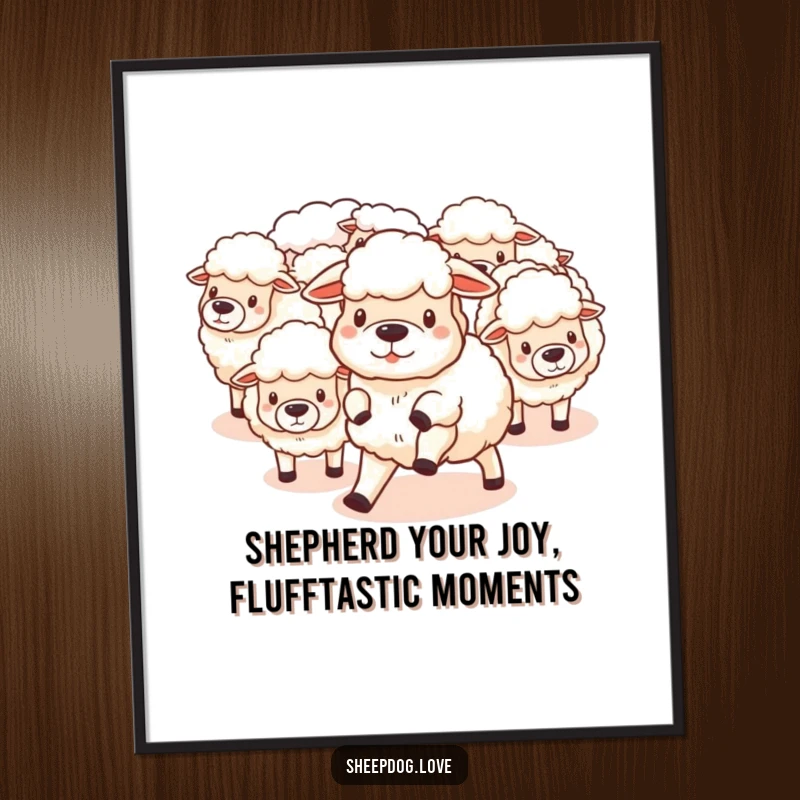Funny Free Printable Wall Art depicting a fluffy sheepdog diligently herding soft, bouncy sheep with a playful expression.