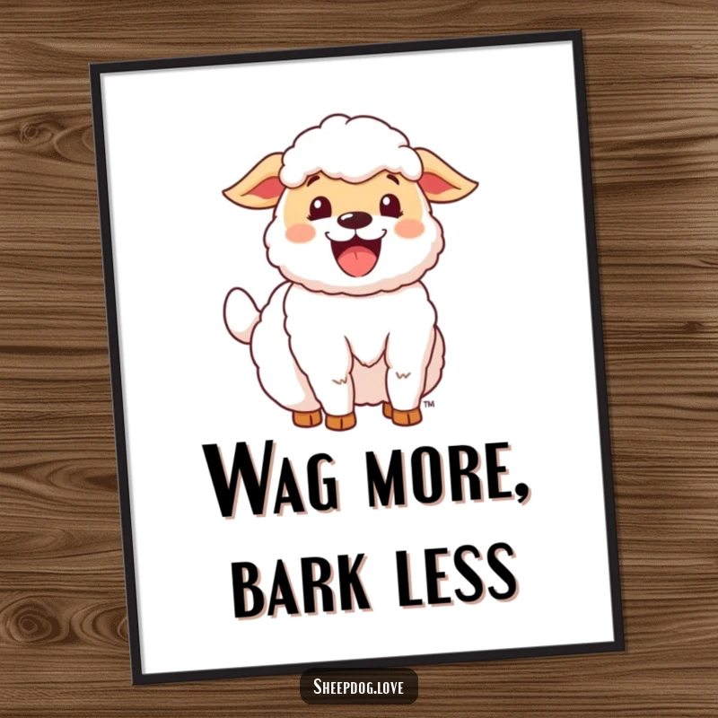 Funny Free Printable sheepdog art capturing pure happiness with an enthusiastically wagging tail, adding cheer to decor.
