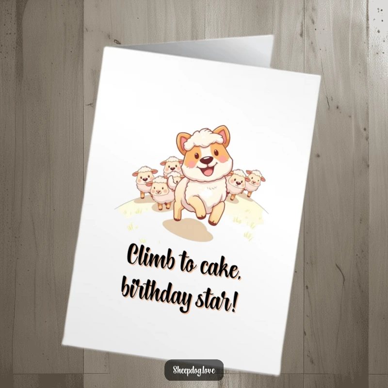 Funny free printable birthday card! A sheepdog with a happy grin leading a flock of sheep cheerfully up a hill.