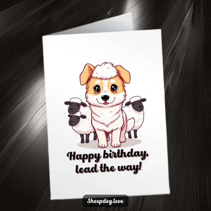 Funny Free Printable Birthday Card: A determined sheepdog intently guides a group of fluffy sheep forward.