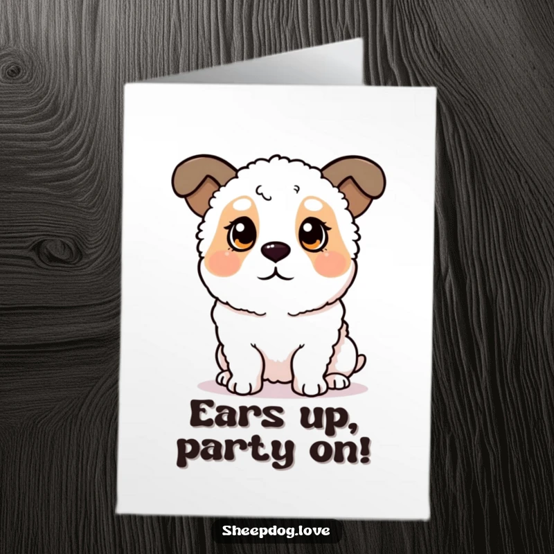 Funny free printable birthday card featuring a sheepdog with perked ears, looking like it's eavesdropping on party secrets.