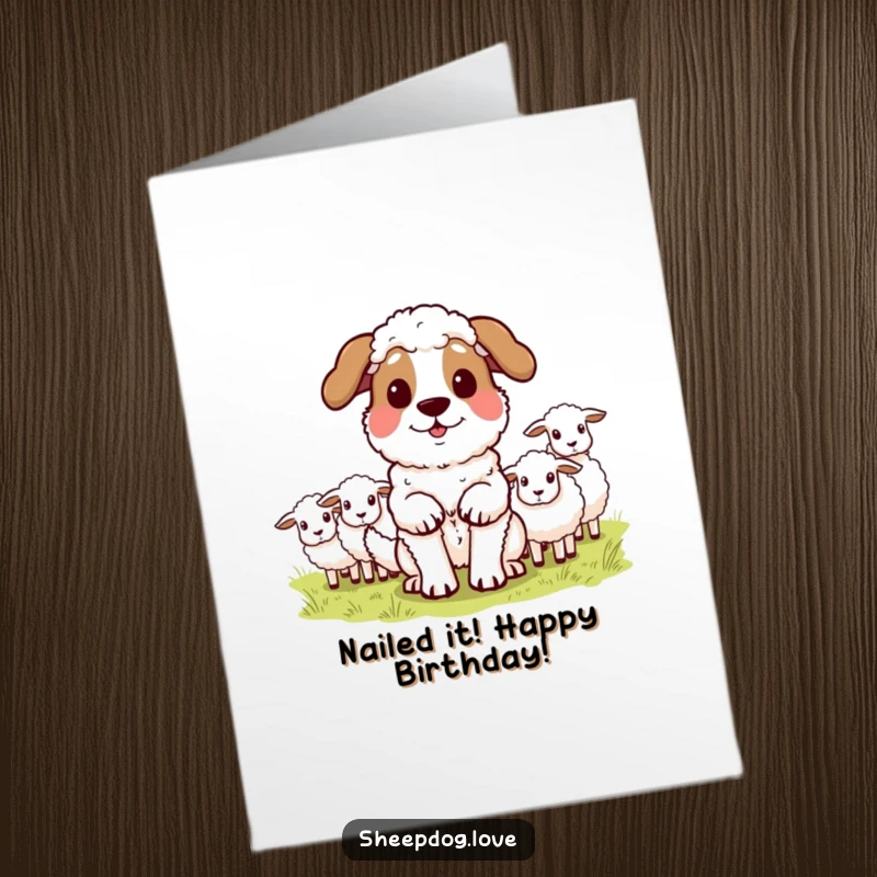 Funny free printable birthday card featuring a proud sheepdog standing tall after herding sheep, a symbol of accomplishment.