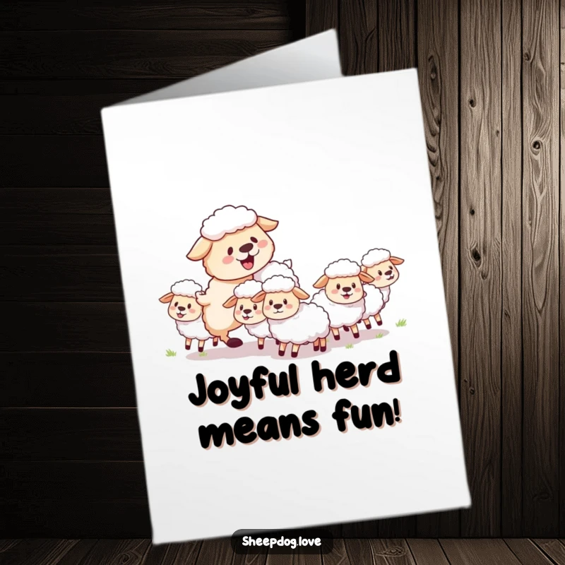 Funny free printable birthday card: A fluffy sheepdog joyfully herds a small group of sheep with playful enthusiasm.