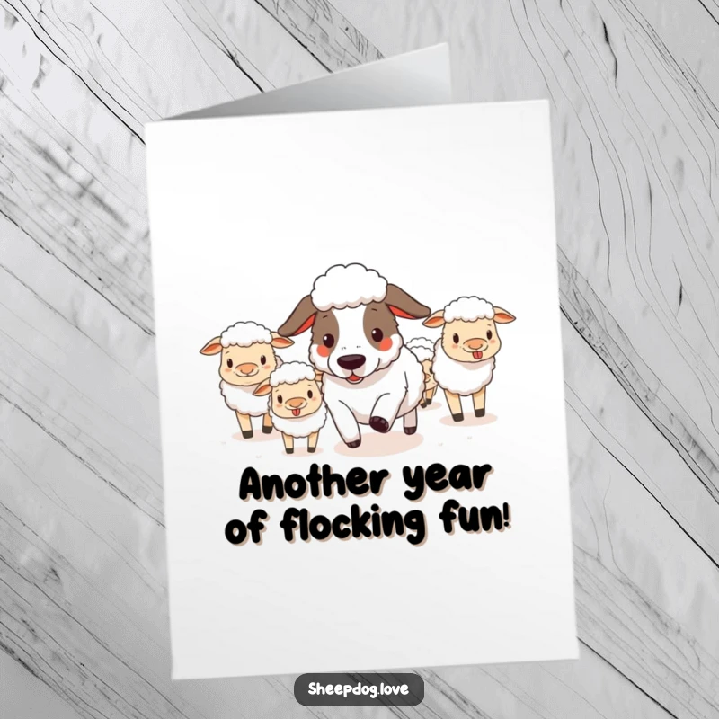 Funny Free Printable Birthday Card: Sheepdog heroically herding playful sheep for a birthday celebration.