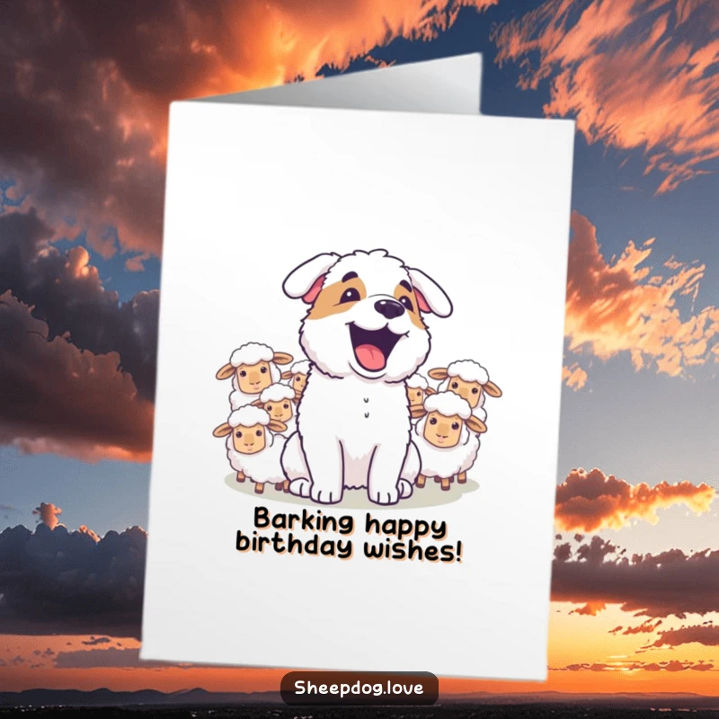 Funny Free Printable Birthday Card: A sheepdog joyfully barks greetings at a flock of sheep for a birthday.