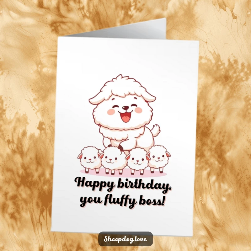 Funny Free Printable Birthday Card: A fluffy sheepdog joyfully herds small fluffy sheep in a line, celebrating.