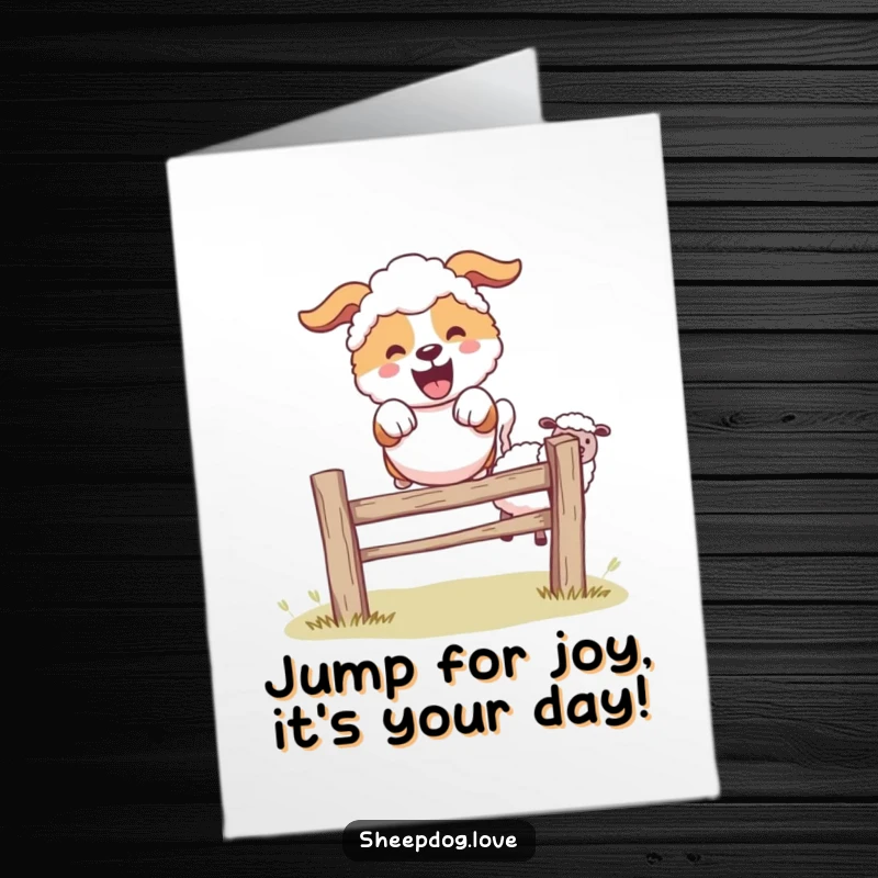 Funny Free Printable Birthday Card: A happy sheepdog joyfully leaping over a small fence, with fluffy sheep looking on.