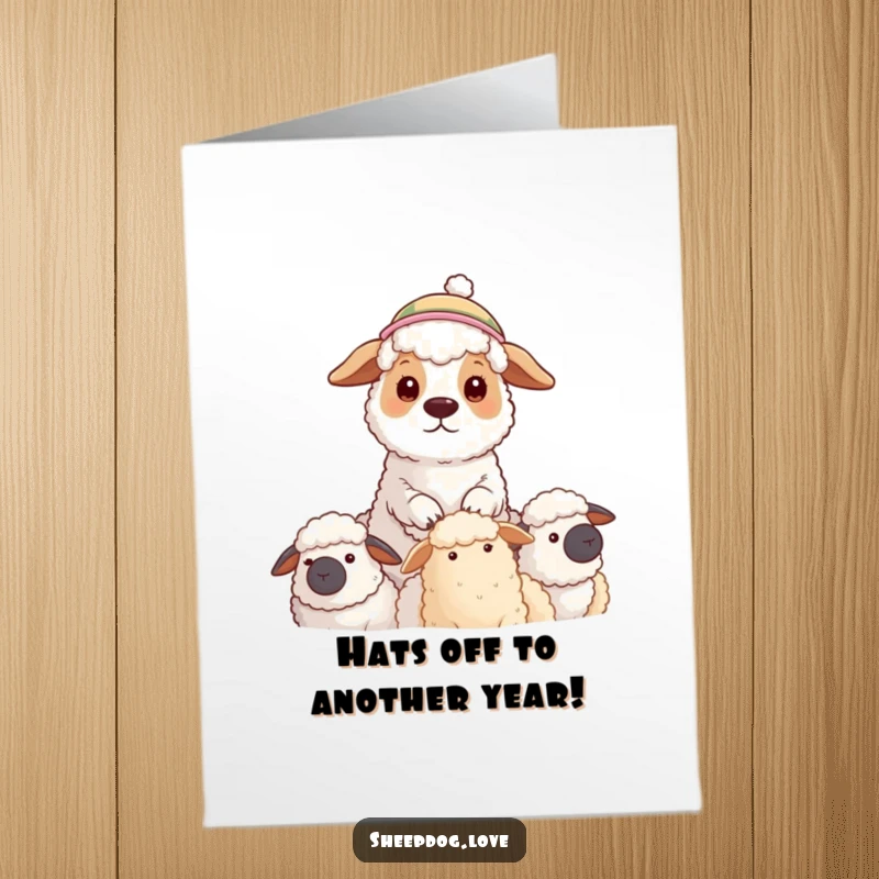 Funny Free Printable Birthday Card: A sheepdog wearing a small festive hat attentively watches over its fluffy sheep.
