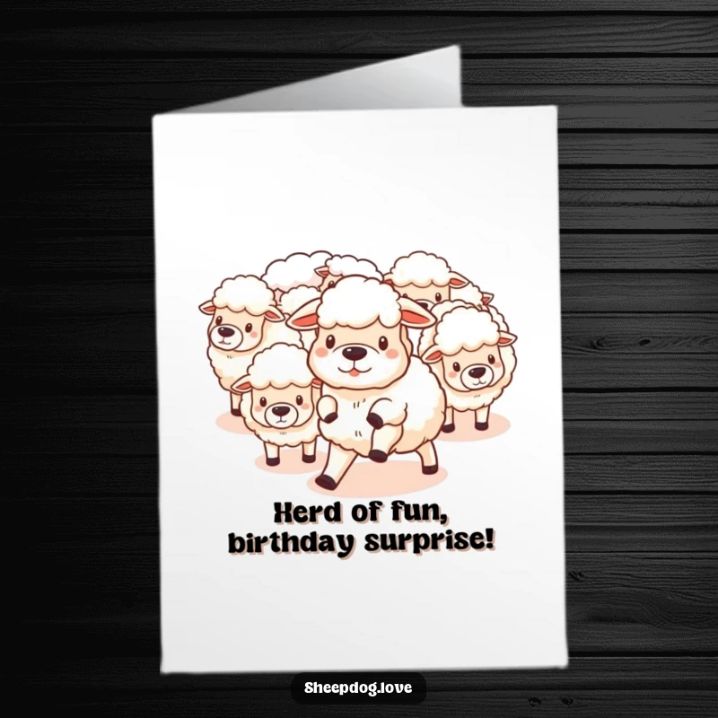 Funny Free Printable Birthday Card featuring a fluffy sheepdog expertly herding bouncy, cotton-like sheep with a smile.