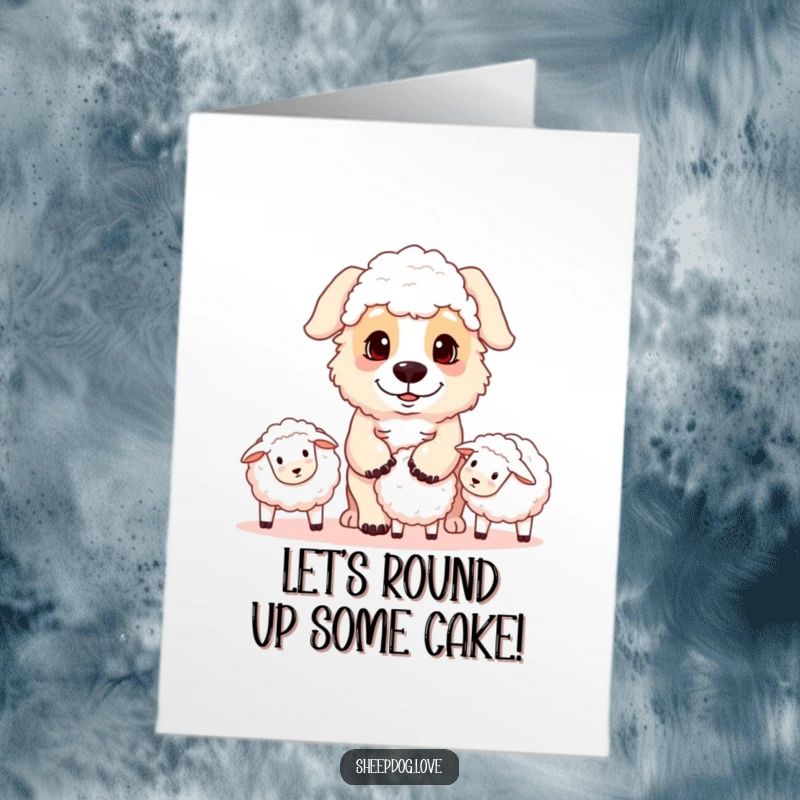 Funny free printable birthday card: A playful sheepdog with an intense focus rounds up a small flock of sheep.