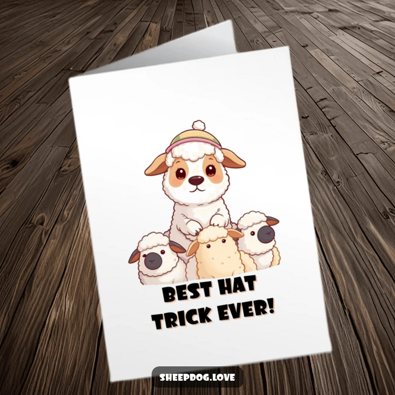 Funny Free Printable Congratulations Card: A sheepdog sporting a stylish hat beams with pride, watching over its flock.
