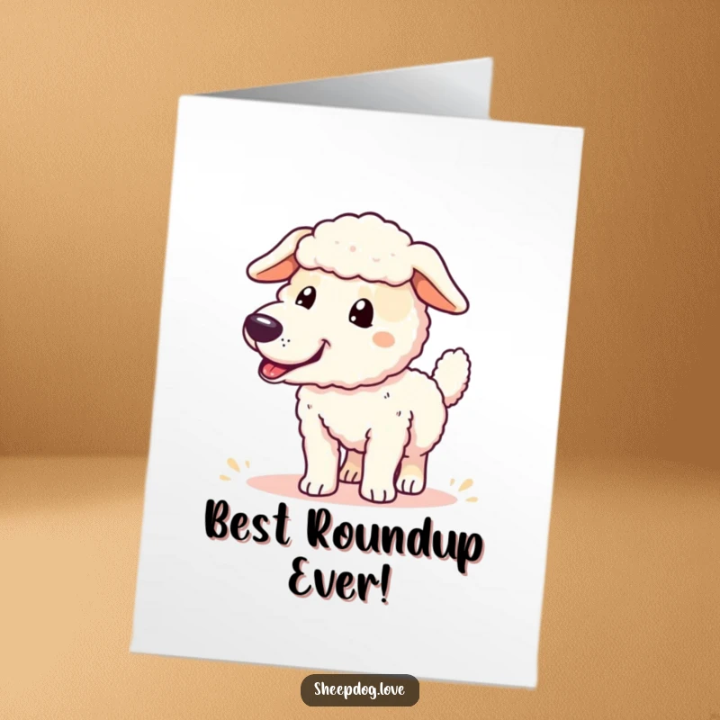 Funny Free Printable Congratulations Card: Joyful sheepdog with wagging tail, celebrating a successful round-up, symbolizing achievement.