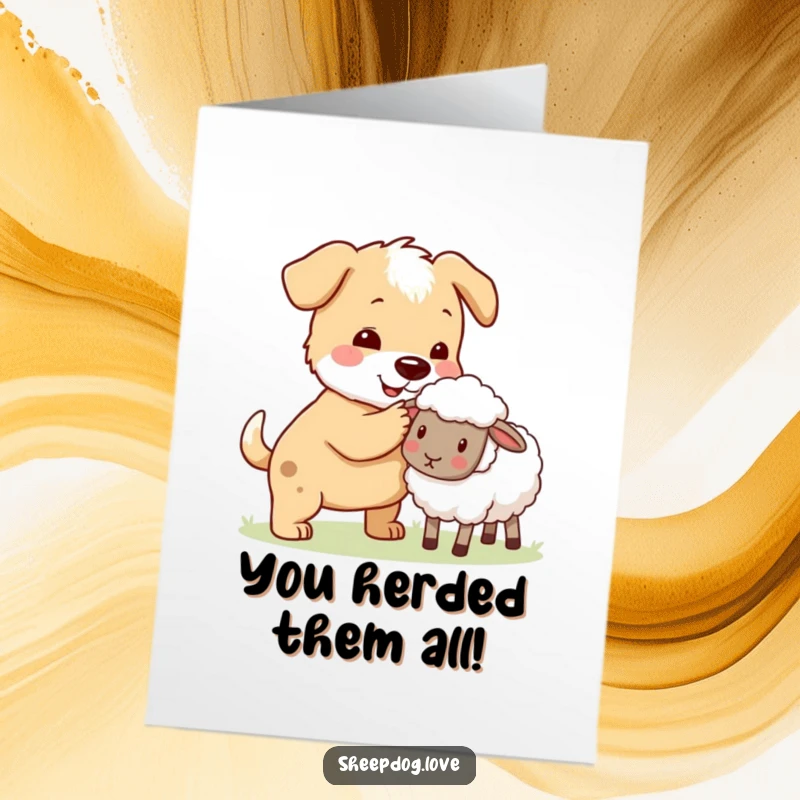 Funny Free Printable Congratulations Card: Dog character nudging a stray sheep back into the safety of the flock. A teamwork downloadable gift.