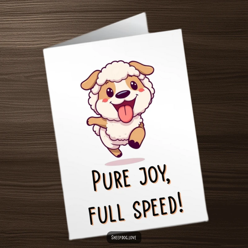 Funny Free Printable Congrats Card: A sheepdog with tongue out, running with pure joy, perfect for congrats.