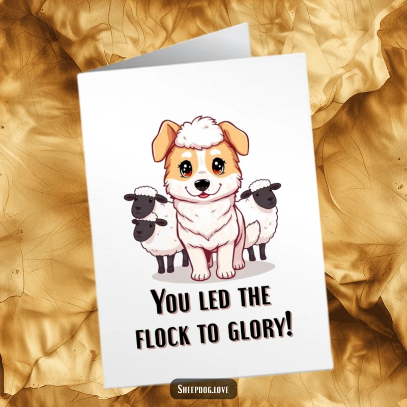 Funny Free Printable Congrats Card: A sheepdog with a determined expression guides sheep towards a goal.