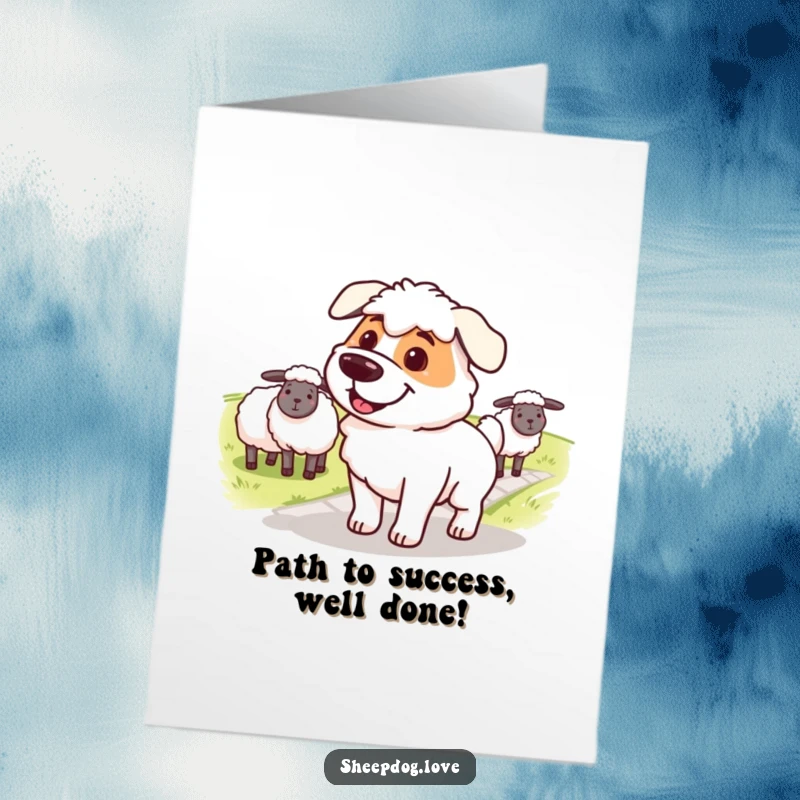 Funny Free Printable Congrats Card: Focused sheepdog leading a flock across a path with a determined smile.
