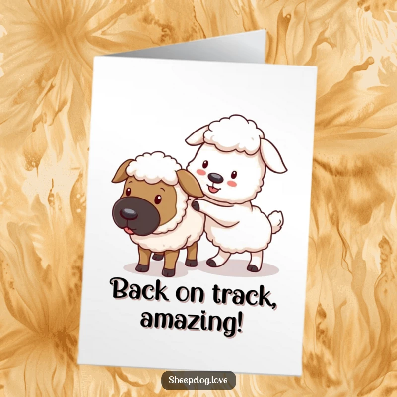 Funny Free Printable Congrats Card: Amusing sheepdog gently nudging a sheep, keeping them on track.