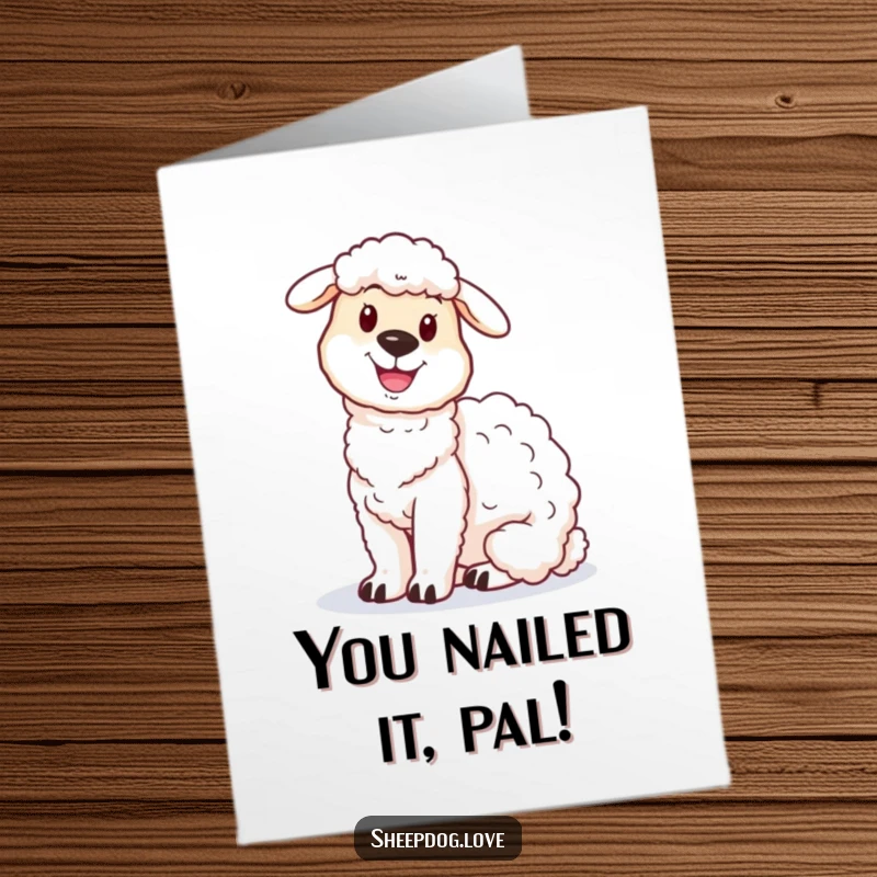 Funny Free Printable Congratulations Card: A sheepdog sits proudly next to a fluffy sheep, celebrating a shared victory.