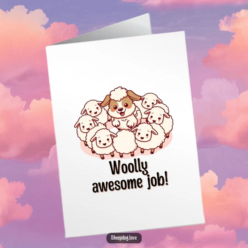 Funny Free Printable Congratulations Card showing a kawaii sheepdog herding sheep in a circle with great enthusiasm.