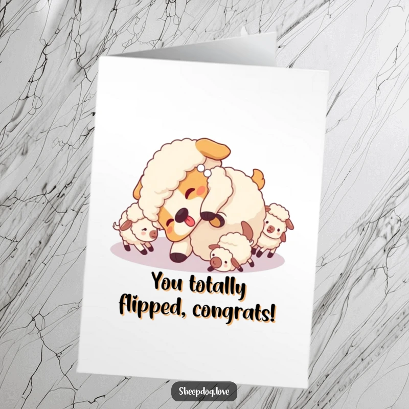 Funny free printable congratulations card! A sheepdog doing a playful tumble surrounded by cute little sheep.