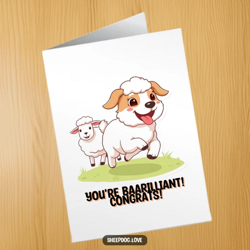 Funny Free Printable Sheepdog Congrats Card: A sheepdog with its tongue lolling out runs happily beside sheep, celebrating success.