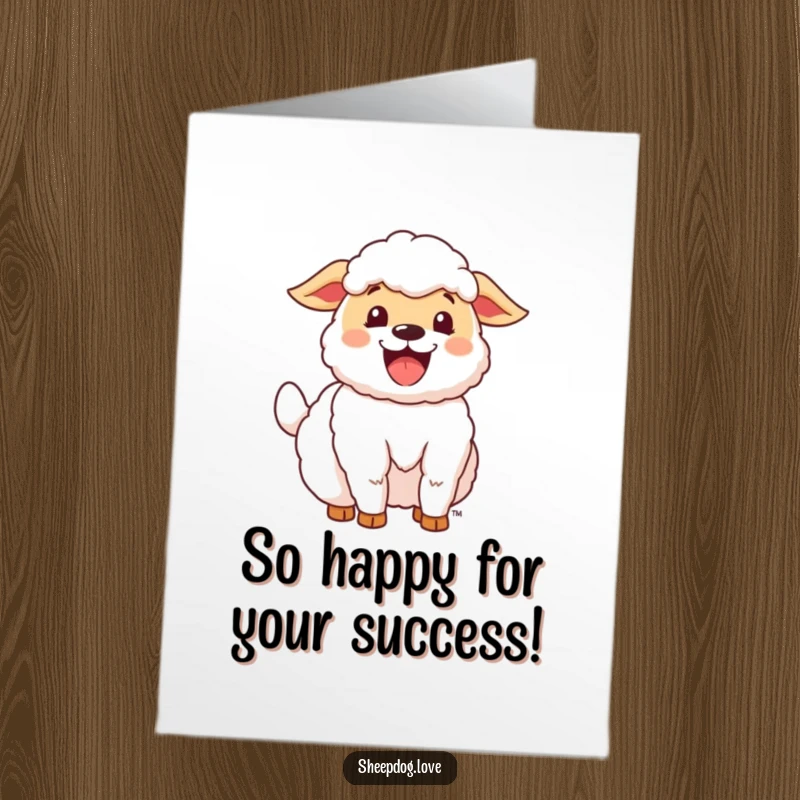 Funny Free Printable sheepdog card expressing intense happiness with an enthusiastic tail wag for congratulations.
