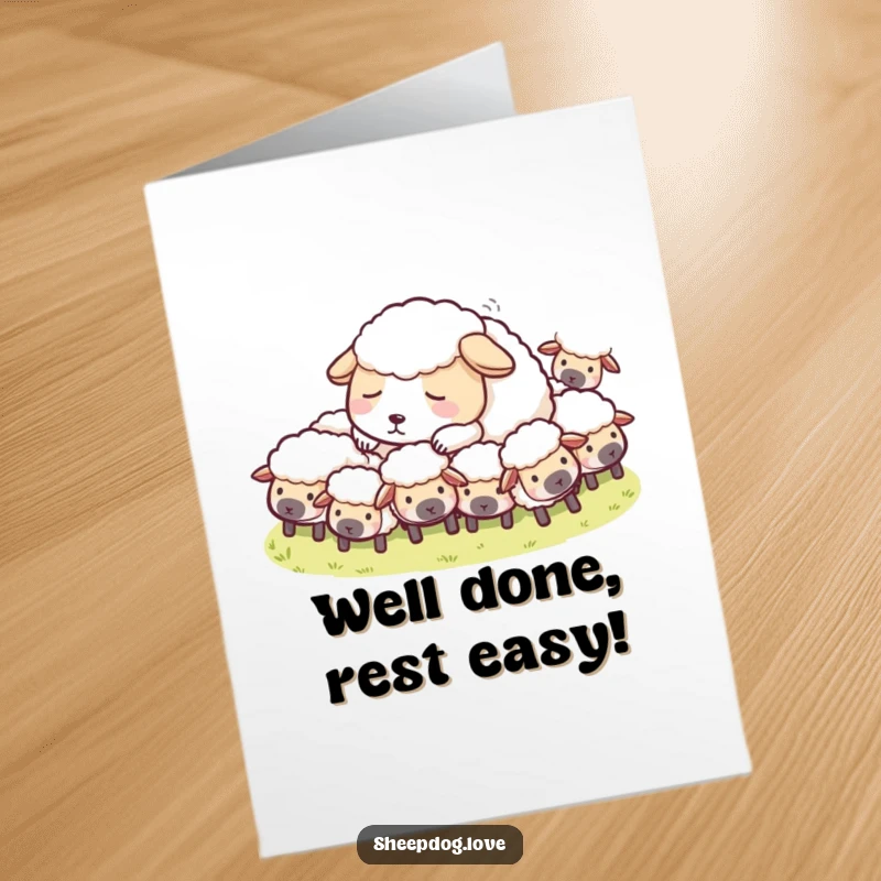 Funny Free Printable Congratulations Card with a sheepdog napping peacefully amongst its flock, celebrating achievements with quiet joy.