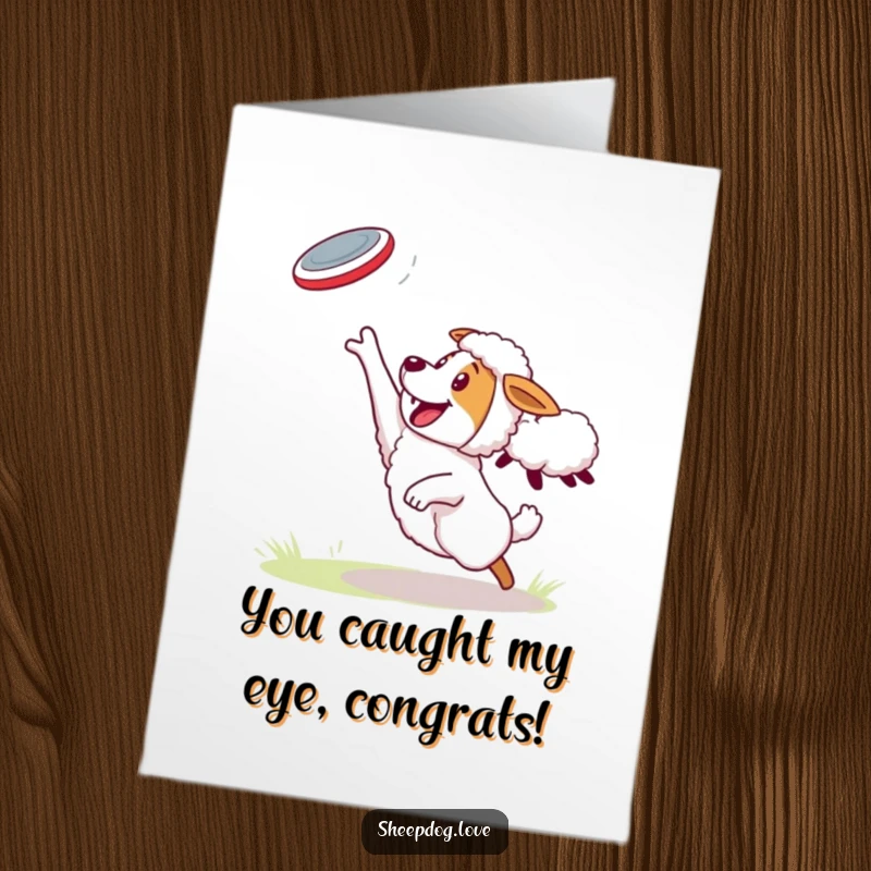 Funny free printable congratulations card! A sheepdog leaping to catch a frisbee thrown by a sheep.