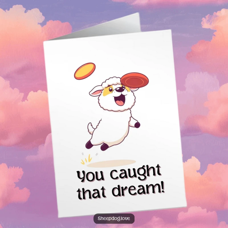 Funny Free Printable Congrats Card: Skilled sheepdog leaping high, catching a frisbee, celebrating a win.