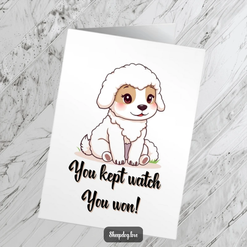 Funny Free Printable Congratulations Card: A steadfast sheepdog sitting calmly, keeping a watchful eye over sheep.