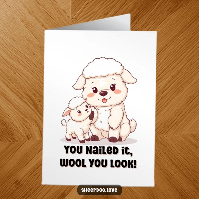 Funny Free Printable Congratulations Card: Fluffy sheepdog showing a paw to a curious lamb, celebrating together. A downloadable gift.