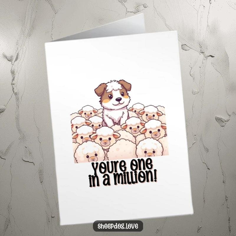 Funny Free Printable Sheepdog card celebrating success with a proud dog overlooking sheep, a unique congrats gift.