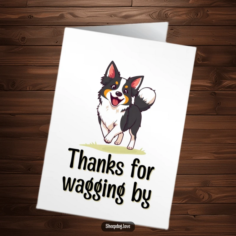 Funny free printable thank you card: A border collie wags its tail joyfully, symbolizing happy thanks while herding.