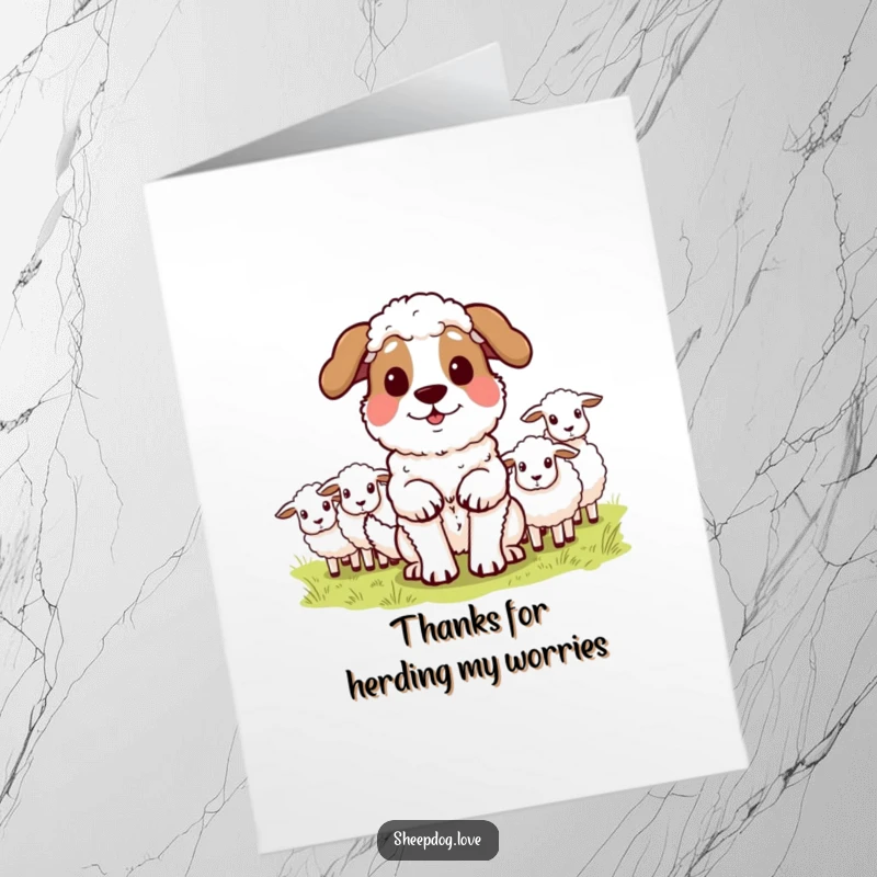 Funny free printable thank you card showcasing a sheepdog looking smug and proud after successfully herding its flock.
