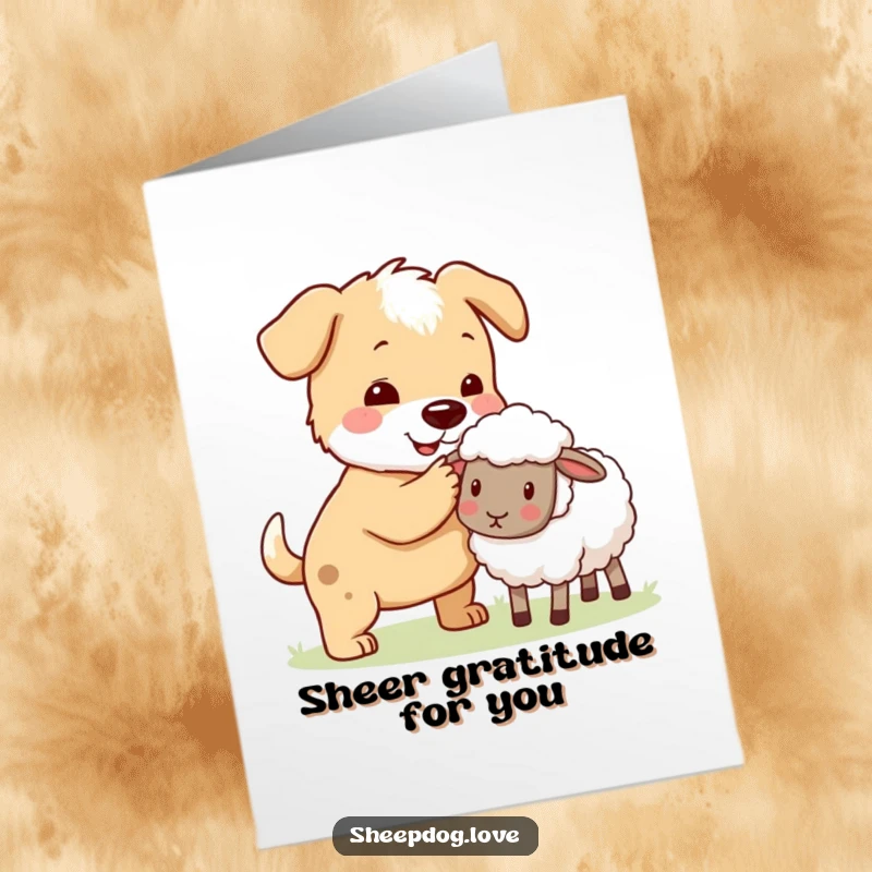 Funny Free Printable Thank You Card: Dog character nudging a stray sheep back into the flock, offering assistance. A downloadable gift.