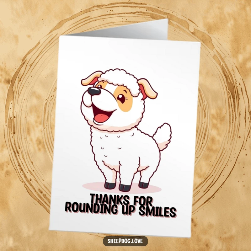 Funny Free Printable Thank You Card: An excited sheepdog wags its tail after a round-up, perfect for thanks.