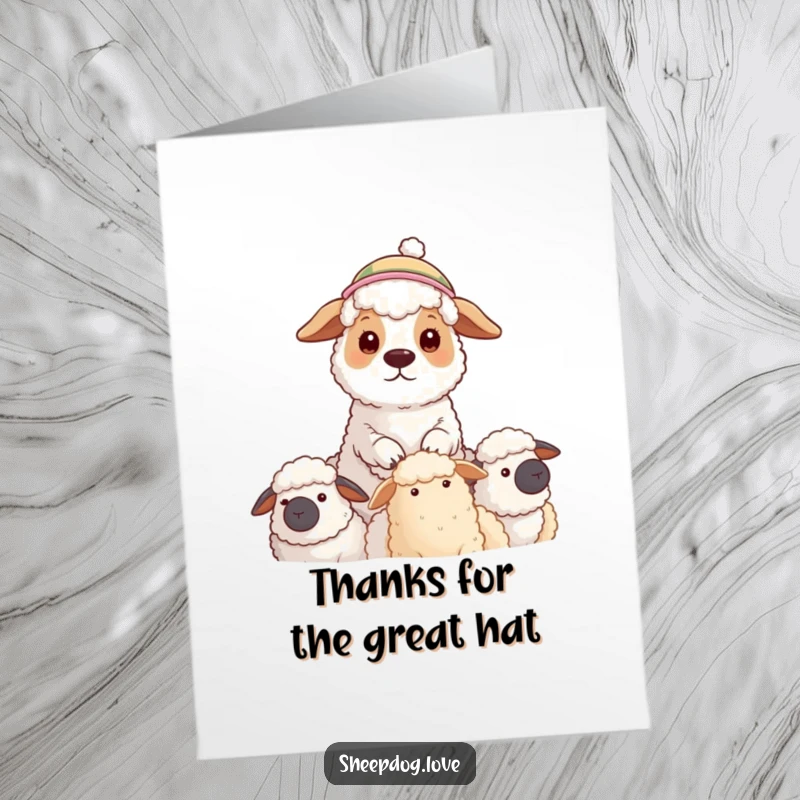 Funny Free Printable Thank You Card: A sheepdog in a hat stands guard, looking grateful and protective of its flock.