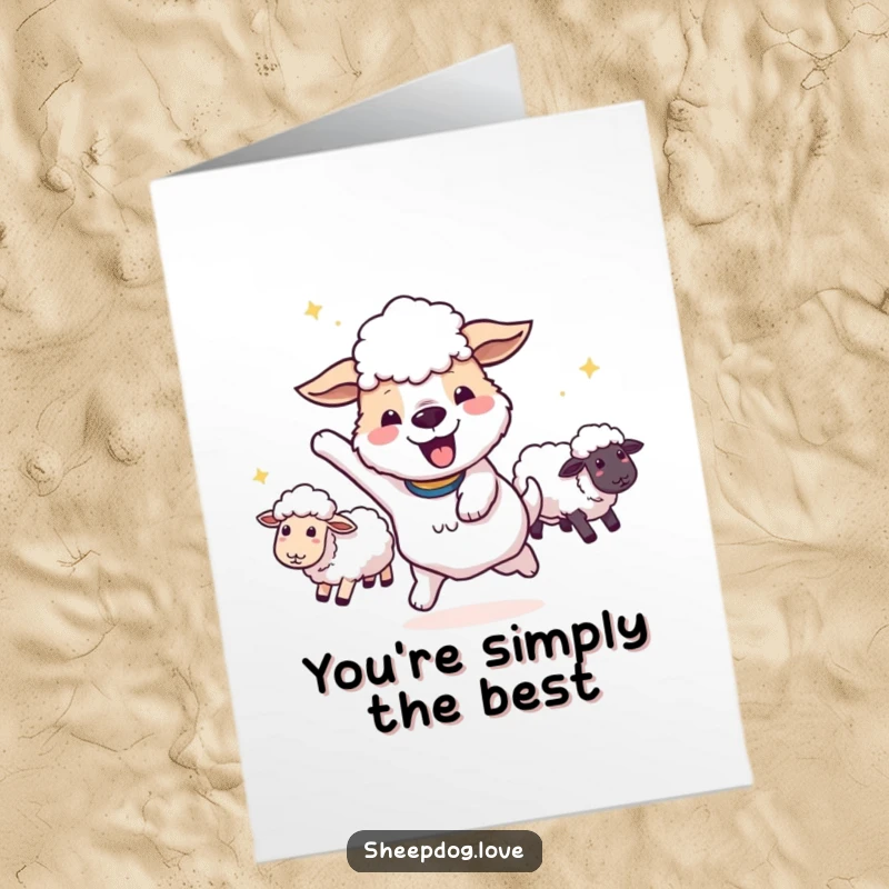 Funny Free Printable Thank You Card: Happy sheepdog doing a victory spin with sheep following, expressing thanks. A fun downloadable gift.
