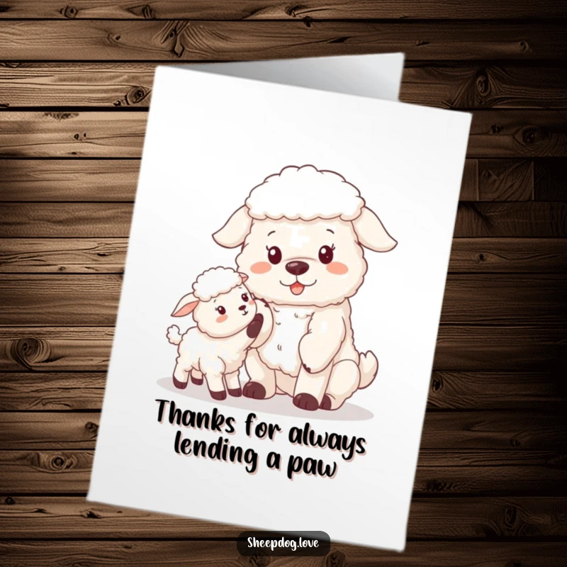 Funny Free Printable Thank You Card: Fluffy sheepdog offering a paw to a curious lamb, expressing thanks. A downloadable gift.