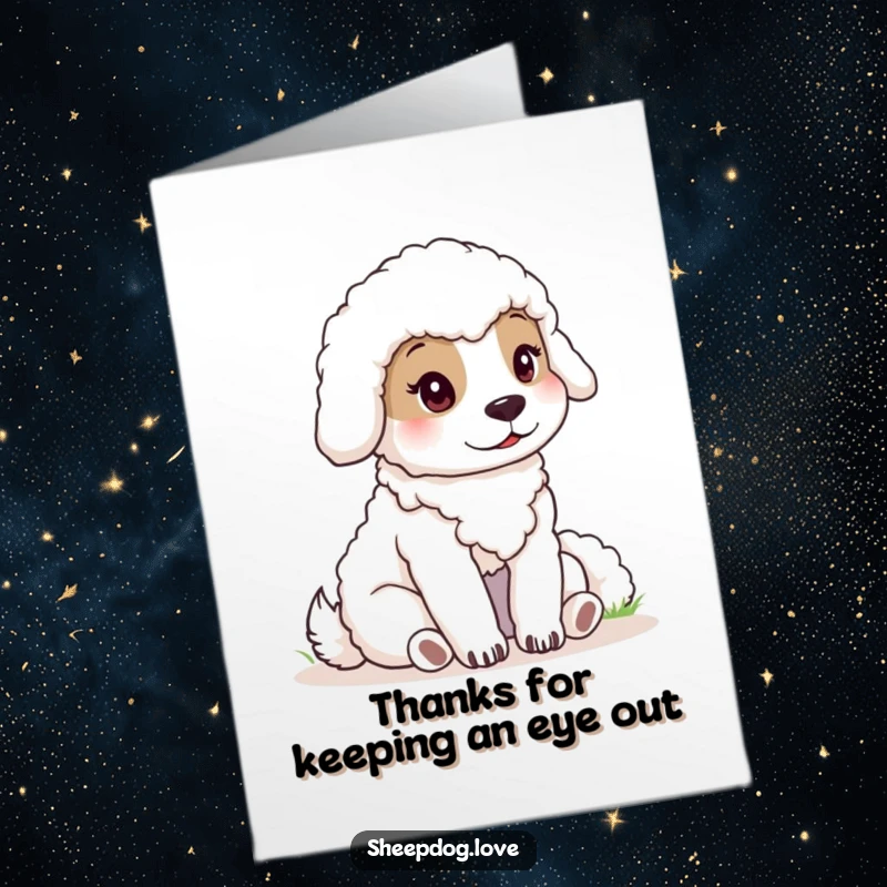 Funny Free Printable Thank You Card: A still, calm sheepdog sitting watchfully, conveying silent gratitude.