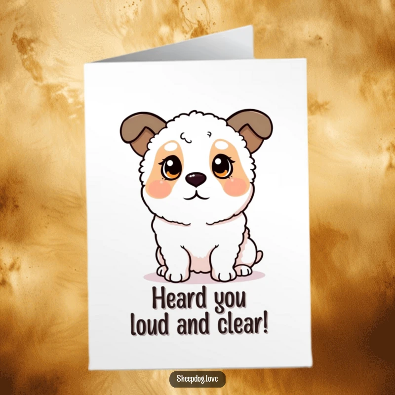Funny free printable thank you card featuring a sheepdog with ears perked, eagerly awaiting to hear your kind words.
