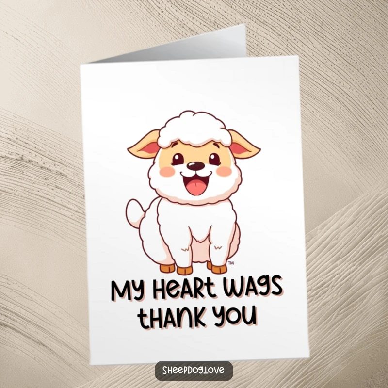 Funny Free Printable sheepdog card beaming with happiness and an enthusiastically wagging tail, perfect for thanks.