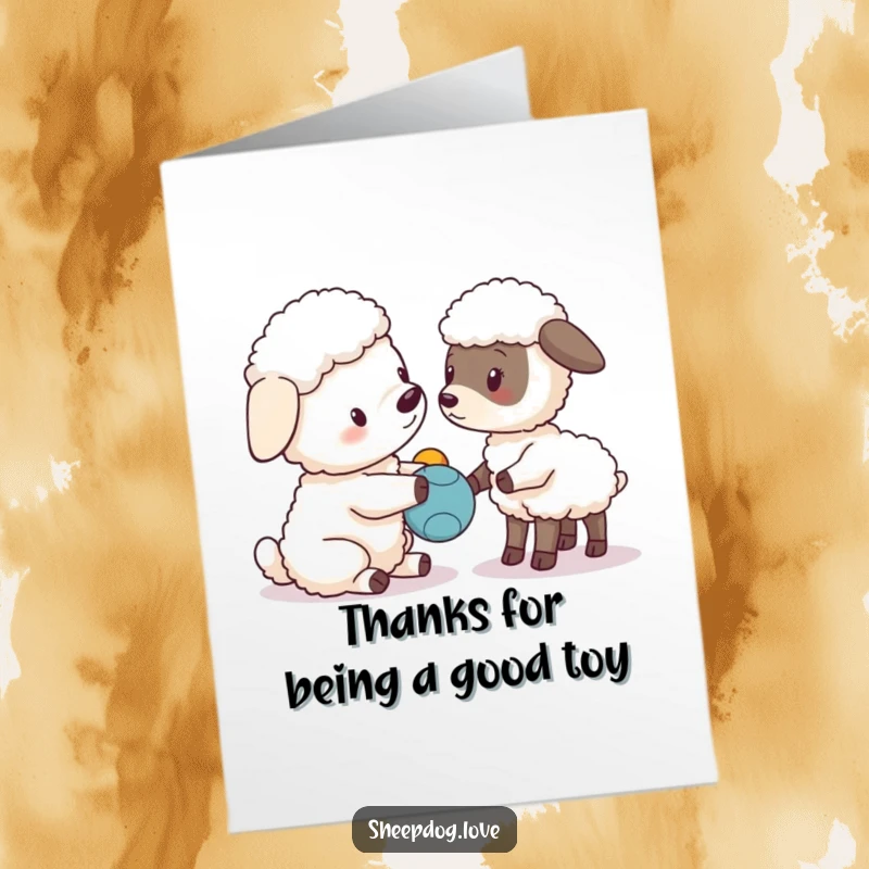 Funny Free Printable Thank You Card: A gentle sheepdog offers a toy to a curious lamb, conveying thanks with kindness.