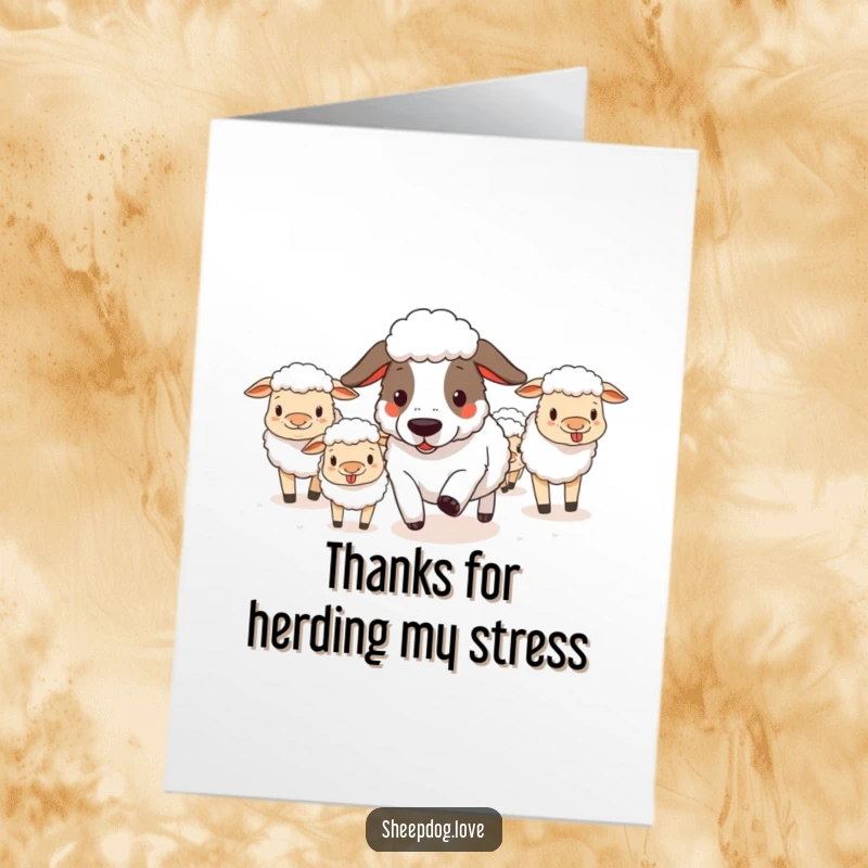 Funny Free Printable Thank You Card: Sheepdog enthusiastically herding a playful flock to express gratitude.