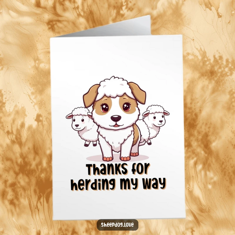 Funny Free Printable Thank You Card: Loyal sheepdog looking pleased while herding sheep, conveying thanks.